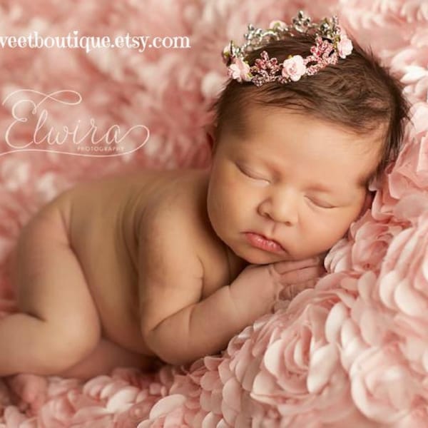 Floral Crown For Newborn Or Maternity Photos, Tiara With Pink Roses For Baby Girl, Props For Baby Photography, First Birthday Tiara Headband