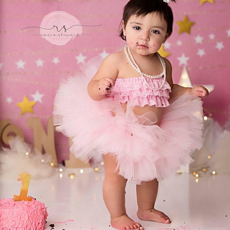 First Birthday Photo Outfit For Baby Girl, Champagne Tutu And Flower Headband, Gold And Ivory Extra Full Tutu With Lace Tutu Top, Cake Smash image 5