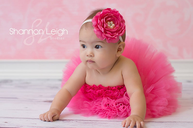 First Birthday Girl Photo Outfit, Hot Pink Baby Girl Tutu With Lace Top And Headband, Pink Cake Smash Tutu Outfit, 6 Month Girl Photo Outfit image 3