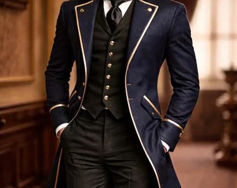Men's Victorian Wool Regency Tailcoat Gentleman Frock Coat, Vintage Gothic Steampunk Wedding Historical Overcoat