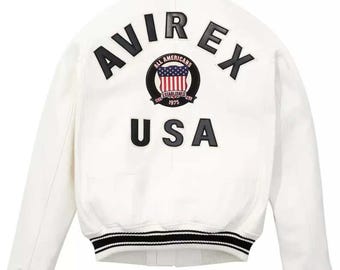 Men's White Avirex Real Leather Bomber Jacket: American Flight Style