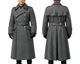 Vintage Grey Wool Military Inspired Greatcoat: Handmade Wool Long Coat by evento PK