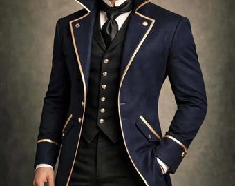 Men's Victorian Wool Regency Tailcoat Gentleman Frock Coat, Vintage Gothic Steampunk Wedding Historical Overcoat