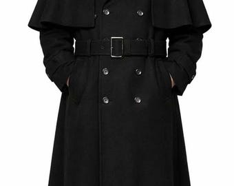 Men's Black Wool Inverness Trench Coat with Velvet Collar, Victorian Gothic Style