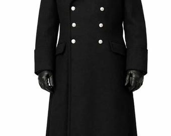 Black Wool Military Greatcoat: Men's Handmade Vintage Victorian Steampunk Overcoat