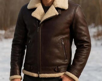 Men's Handmade Shearling Aviator Jacket, Genuine Leather B3 Bomber