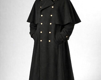 Men's Black Wool Inverness Trench Coat: Vintage Victorian Gothic Winter Long Coat
