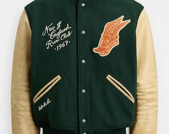 Men's Green Wool Varsity Jacket with Tan Leather Sleeves: Retro Letterman Style Coat