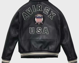 Men's Avirex Black Bomber Jacket, American Flight Style, Faux Leather