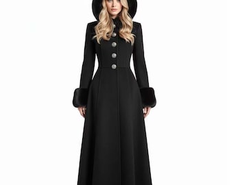Black Wool Maxi Coat with Faux Fur Hood & Cuffs | Victorian Gothic Winter Overcoat