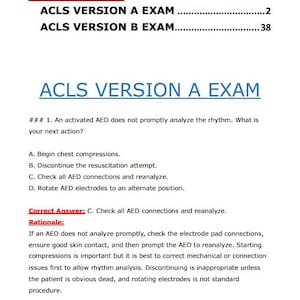Op de afbeelding: Een documentpagina met de titel Table of Contents met ACLS VERSION A EXAM op pagina 2 en ACLS VERSION B EXAM op pagina 38. Het bevat een voorbeeldvraag over een AED die het ritme niet analyseert, met meerkeuzeopties en een toelichting.
