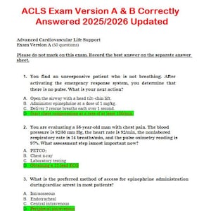Peut inclure: Un document blanc intitulé "ACLS Exam Version A & B Correctement Répondu 2025/2026 Mis à Jour". L'examen porte sur le soutien vital cardiovasculaire avancé avec 50 questions. Le texte comprend des questions et réponses à choix multiples.