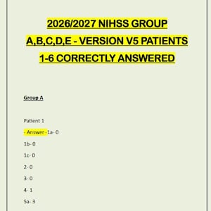 May include: A digital document titled 2026/2027 NIHSS GROUP A,B,C,D,E - VERSION V5 PATIENTS 1-6 CORRECTLY ANSWERED. The page features a red PDF download button, a Q&A logo, and a list of medical assessment scores for Group A, Patient 1, including 1a-0, 1b-0, 1c-0, 2-0, 3-0, 4-1, 5a-3, and 5b-0.