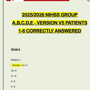 May include: A PDF document with a red and white header that says "Download". The document's title is "2025/2026 NIHSS GROUP A,B,C,D,E - VERSION V5 PATIENTS 1-6 CORRECTLY ANSWERED". The document contains a list of answers.