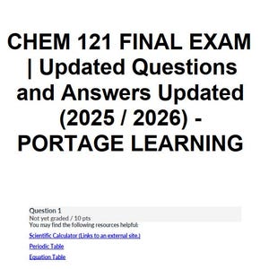 Può includere: Documento bianco con testo nero. Il testo recita "CHEM 121 FINAL EXAM | Updated Questions and Answers Updated (2025 / 2026) - PORTAGE LEARNING." Include anche "Question 1" e collegamenti a risorse.