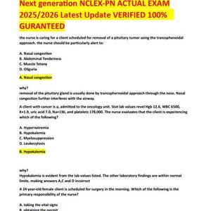 May include: A white paper with the text "Next generation NCLEX-PN ACTUAL EXAM 2025/2026 Latest Update VERIFIED 100% GURANTEED". The paper contains multiple-choice questions and answers related to nursing practice.