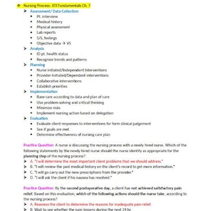 May include: A white document with black text detailing the nursing process, including assessment, analysis, planning, implementation, and evaluation. Includes practice questions and answers for exam review.