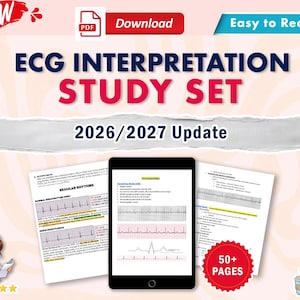 Può includere: Un set di studio per l'interpretazione dell'ECG in download digitale con un tablet che mostra grafici medici, due pagine stampate con tracciati ritmici e il testo ECG INTERPRETATION STUDY SET 2026/2027 Update, 50+ PAGES e Easy to Read.