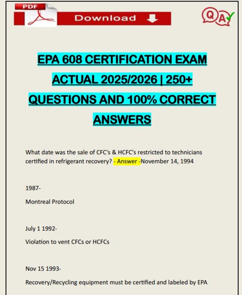 Epa 608 Certification Exam Actual 2025/2026 | 250+ Questions and 100% ...