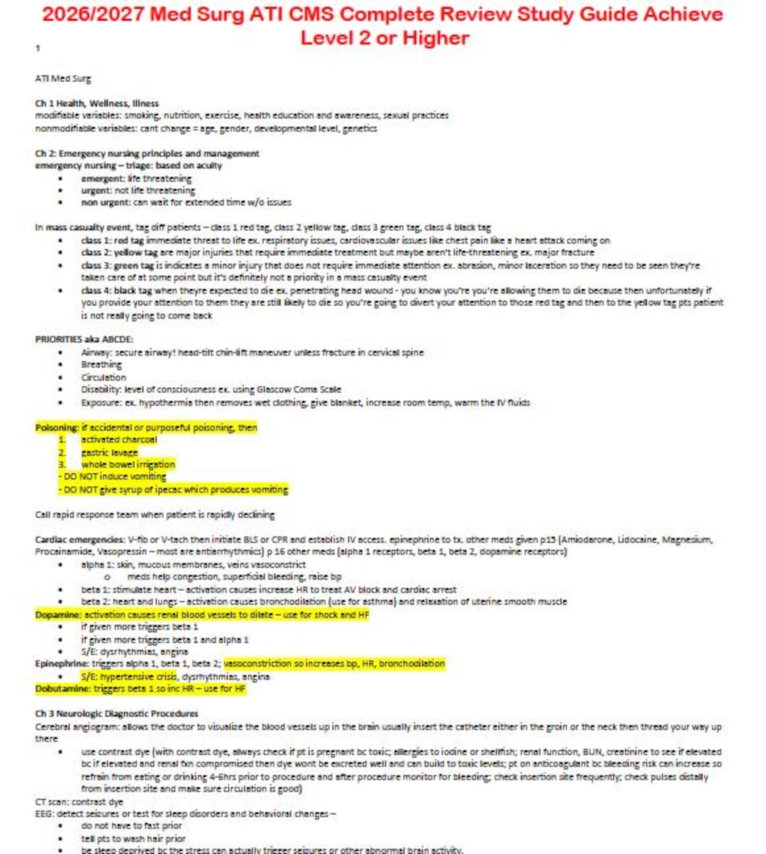 Med Surg ATI CMS Complete Review Study Guide Achieve Level 2 or Higher ...