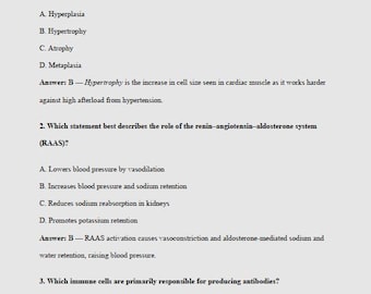 Op de afbeelding: Een witte pagina met medische vragen en antwoorden. De tekst bevat vragen over cellulaire aanpassing, het renine-angiotensine-aldosteronsysteem en immuuncellen. De antwoorden worden ook gegeven en bieden uitleg.