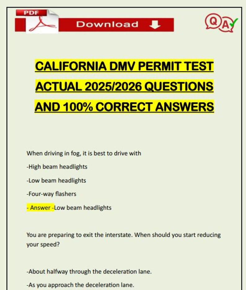 Latest California DMV Permit Test ACTUAL 2025/2026 Questions and 100% ...