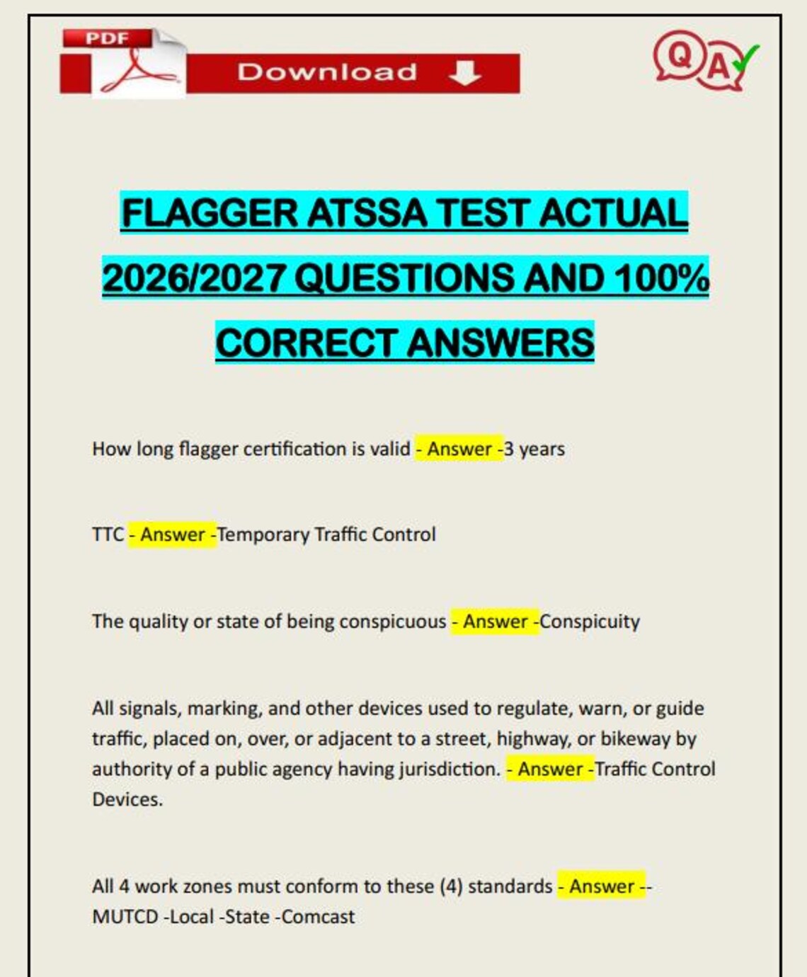 Flagger ATSSA Test Actual 2026/2027 Questions and 100% Correct Answers ...