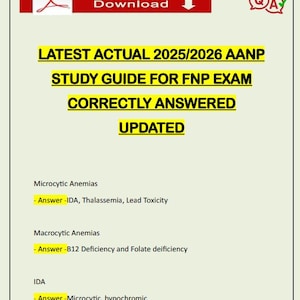 May include: A document with a red and white PDF icon and a red bar with the word "Download". The document contains the text "LATEST ACTUAL 2025/2026 AANP STUDY GUIDE FOR FNP EXAM CORRECTLY ANSWERED UPDATED". It also lists medical topics and answers.