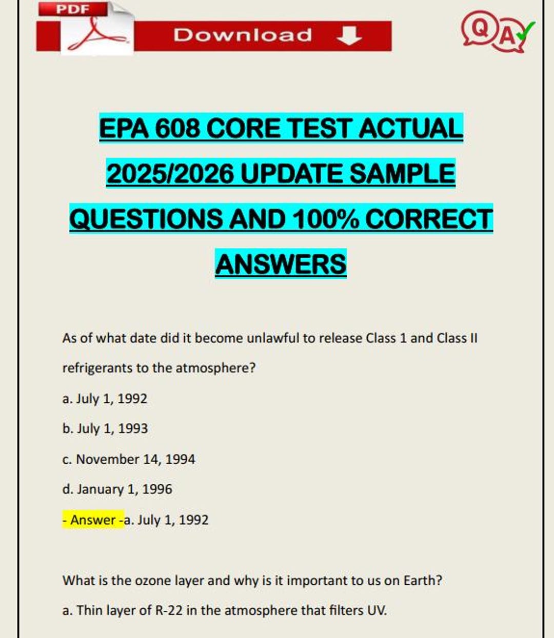 Epa 608 Core Test Actual 2025/2026 Update Sample Questions and 100% ...