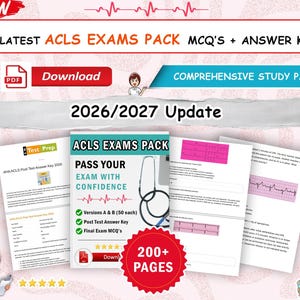 May include: A digital study guide titled LATEST ACLS EXAMS PACK MCQ'S + ANSWER KEYS 2026/2027 Update. The document includes multiple pages of medical test questions, answer keys, and ECG rhythm strips, featuring a stethoscope graphic and 200+ pages.