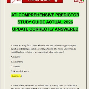 May include: A PDF document with a red and white header that says "Download". The document contains text in green and black, including "ATI COMPREHENSIVE PREDICTOR STUDY GUIDE ACTUAL 2026 UPDATE CORRECTLY ANSWERED". It also includes multiple-choice questions.