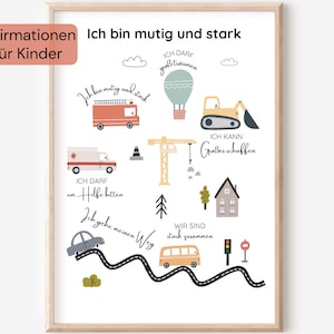 Children's poster featuring vehicles with affirmations – Encouragement poster for boys – Fire truck & excavator wall art for children's room