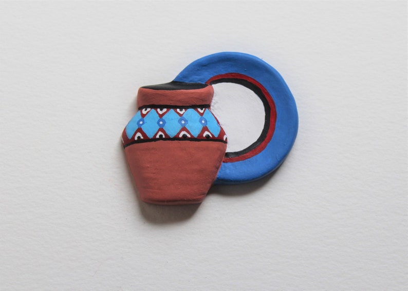 hand painted pot and plate Magnet Southwestern ceramic magnet refrigerator magnet