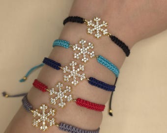 Sparkling Snowflake Macrame Bracelet, Gold-Plated Charm, Rhinestone Crystals, Adjustable Cord