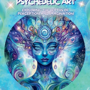 May include: A book cover with the title "A Journey Through Psychedelic Art" and the author's name, Sarah Pfister. The cover features a detailed illustration of a blue-toned face with intricate patterns and designs, surrounded by swirling colors and text.