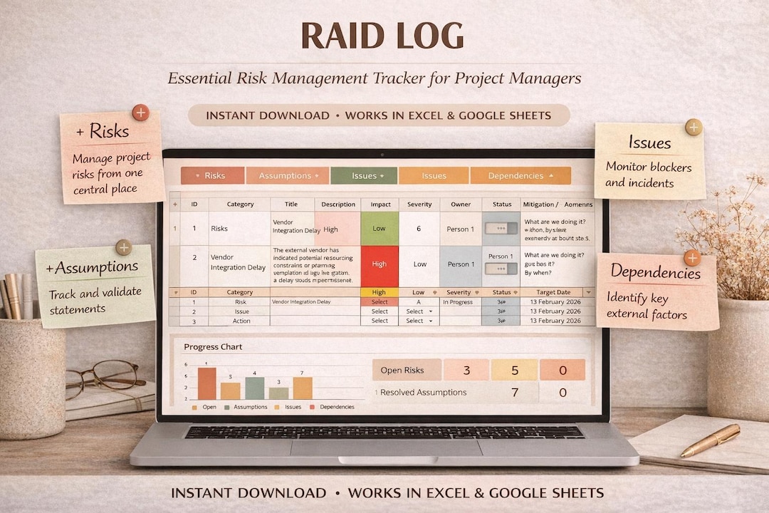 RAID Log| Project Management Excel Template (instant Download) - Etsy ...