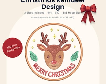 Christmas Reindeer Embroidery Design 4x4 5x7 8x8 Hoop | Merry Christmas Machine File
