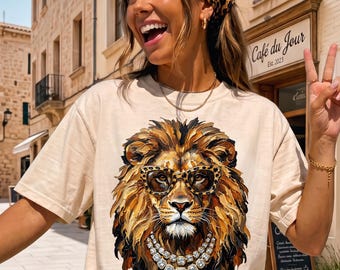 Glam Lion Shirt, Boujee Leopard Sunglasses Graphic Tee, Bling Animal Print Wildlife Gift, Safari Queen Style, Comfort Colors Tee