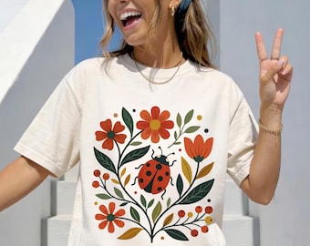 Scandinavian Folk Art Ladybug Shirt, Comfort Colors  Floral Cottagecore Graphic Tee, Nordic Wildflower Nature Top