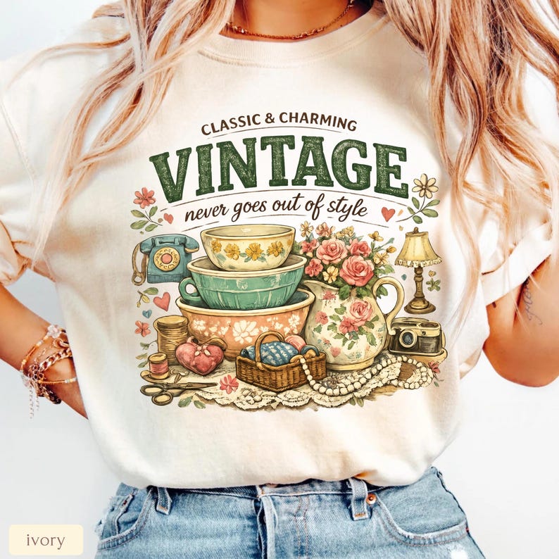 May include: An ivory t-shirt featuring a graphic print with the text "CLASSIC & CHARMING VINTAGE never goes out of style". The illustration includes stacked mixing bowls, a floral pitcher, a rotary phone, a lamp, a camera, and a sewing basket.