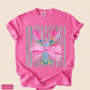 Pink Lobster Shirt, Coastal Summer Tee, Comfort Colors Coquette Beach Graphic, Preppy Lobster Bow Top image 11
