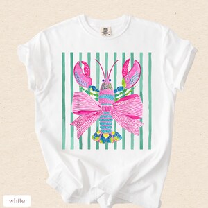 Pink Lobster Shirt, Coastal Summer Tee, Comfort Colors Coquette Beach Graphic, Preppy Lobster Bow Top image 7