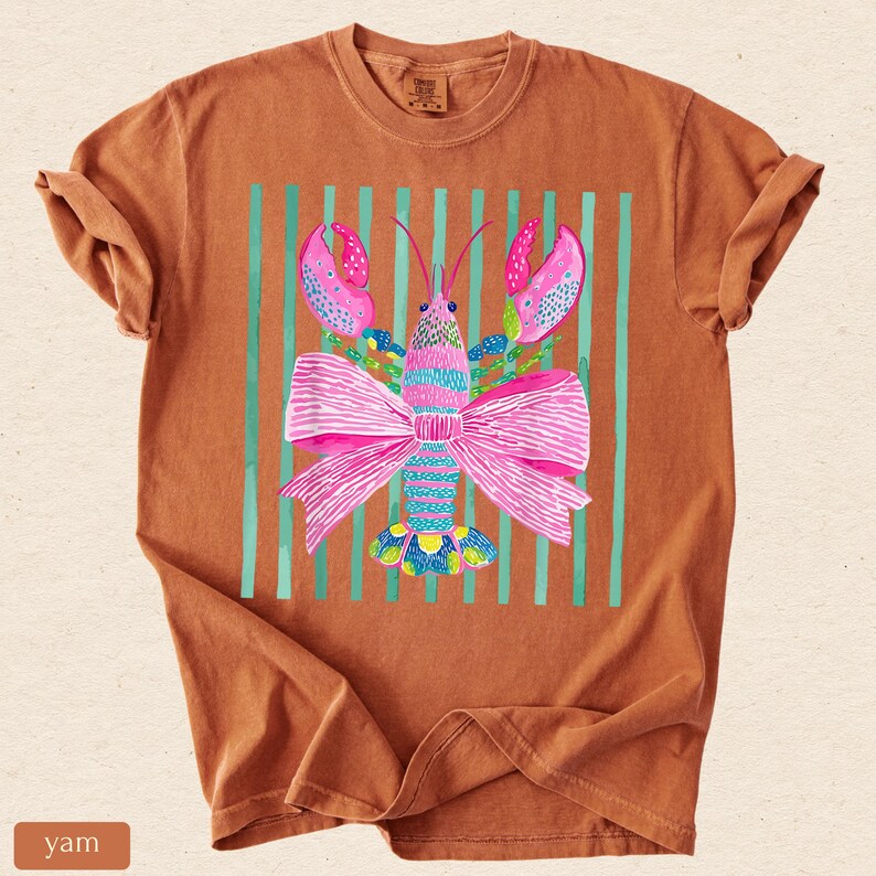 Pink Lobster Shirt, Coastal Summer Tee, Comfort Colors Coquette Beach Graphic, Preppy Lobster Bow Top image 10