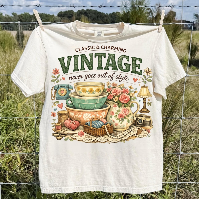 May include: A cream-colored t-shirt featuring a graphic print with the text "CLASSIC & CHARMING VINTAGE never goes out of style." The illustration includes stacked mixing bowls, a floral pitcher, a rotary phone, a lamp, and sewing supplies.