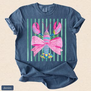 Pink Lobster Shirt, Coastal Summer Tee, Comfort Colors Coquette Beach Graphic, Preppy Lobster Bow Top image 9