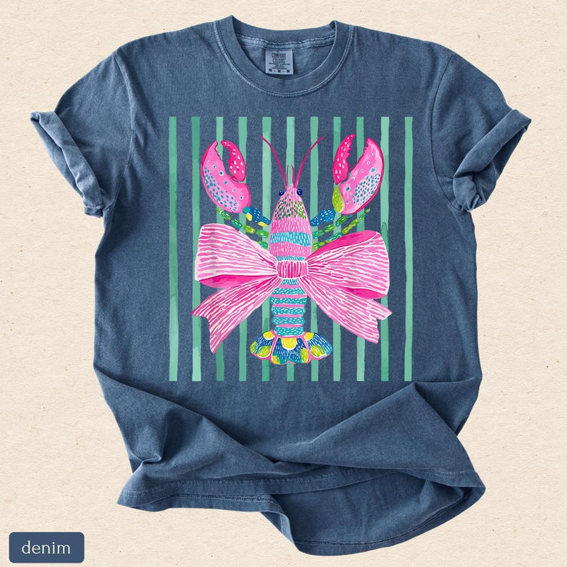 Pink Lobster Shirt, Coastal Summer Tee, Comfort Colors Coquette Beach Graphic, Preppy Lobster Bow Top image 9