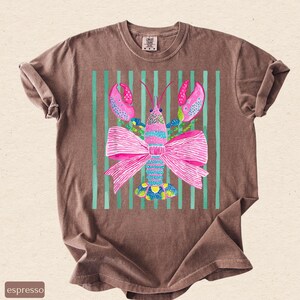 Pink Lobster Shirt, Coastal Summer Tee, Comfort Colors Coquette Beach Graphic, Preppy Lobster Bow Top image 16
