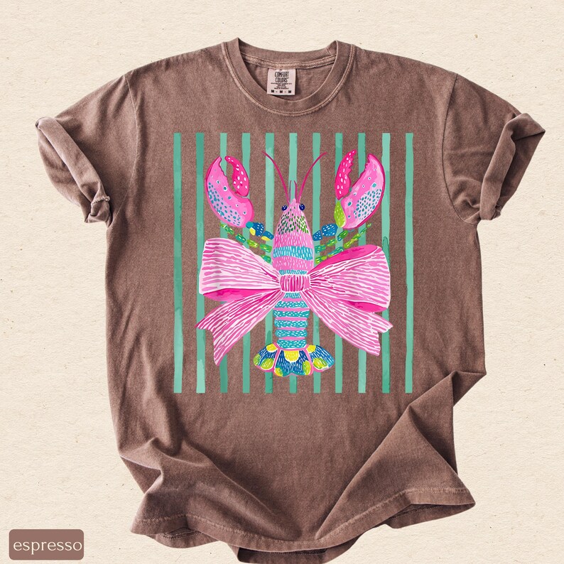 Pink Lobster Shirt, Coastal Summer Tee, Comfort Colors Coquette Beach Graphic, Preppy Lobster Bow Top image 16