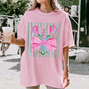 Pink Lobster Shirt, Coastal Summer Tee, Comfort Colors Coquette Beach Graphic, Preppy Lobster Bow Top image 3