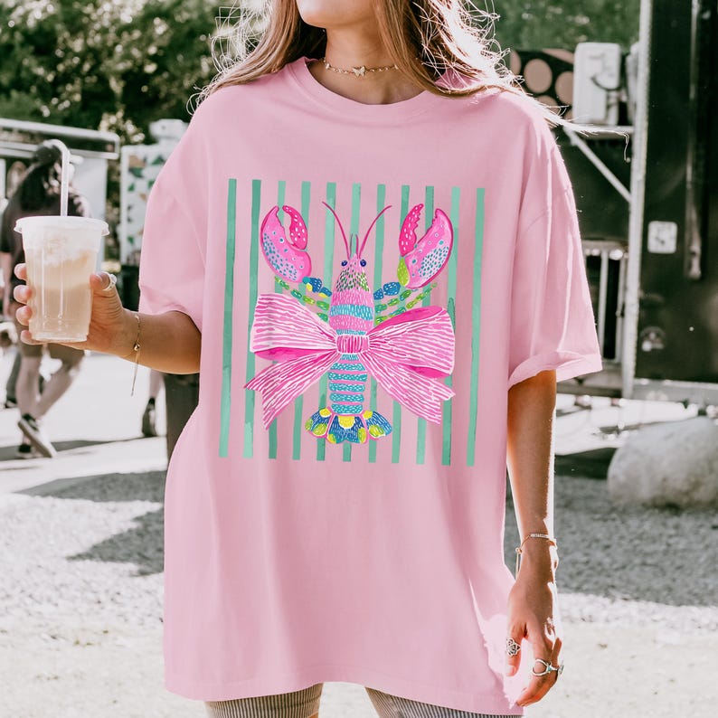 Pink Lobster Shirt, Coastal Summer Tee, Comfort Colors Coquette Beach Graphic, Preppy Lobster Bow Top image 3